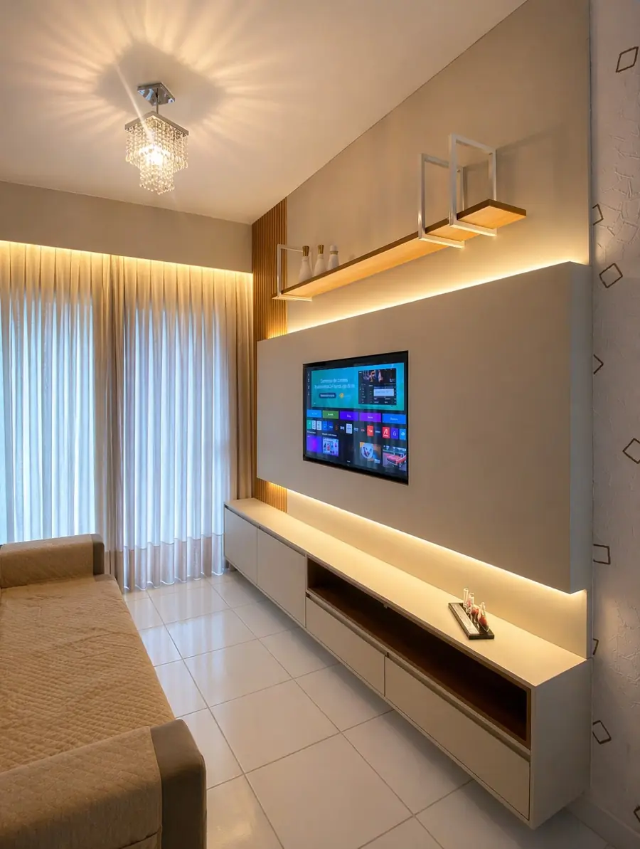 Painel de TV bege claro com nicho retroiluminado, ripas de madeira no forro e lustre de cristal na sala.