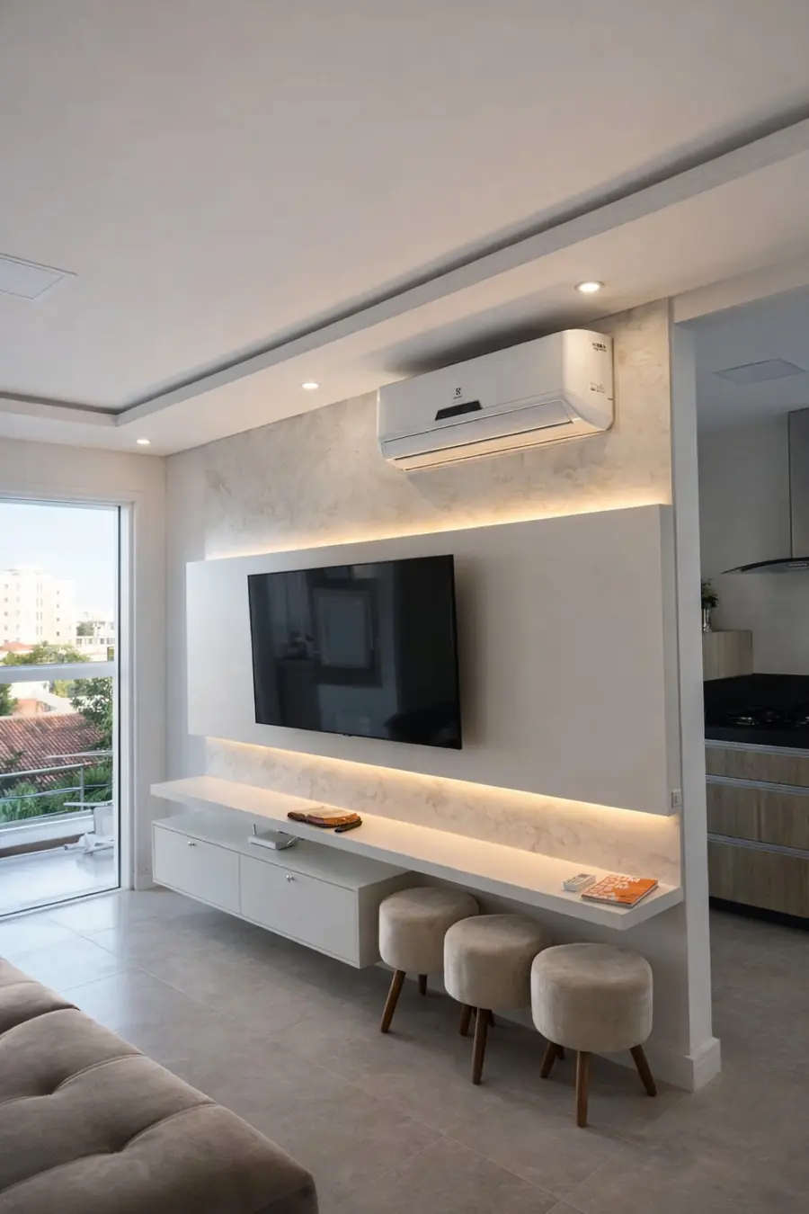 Sala com painel de TV em mármore claro, ar-condicionado split embutido e três banquetas redondas sob a bancada.