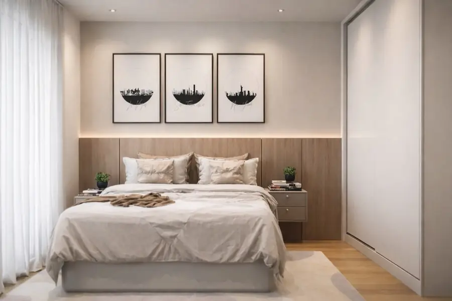 Cama de casal com cabeceira em madeira clara e guarda-roupa branco de correr ao lado.