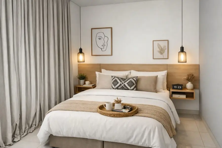 Cama de casal com enxoval bege, luminárias pendentes de filamento e bandeja de vime.
