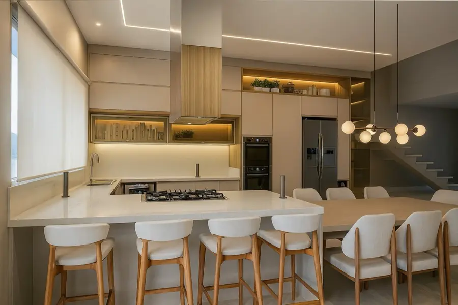 Cozinha com ilha em quartzo branco, cooktop embutido e mesa de jantar com pendentes esféricos.