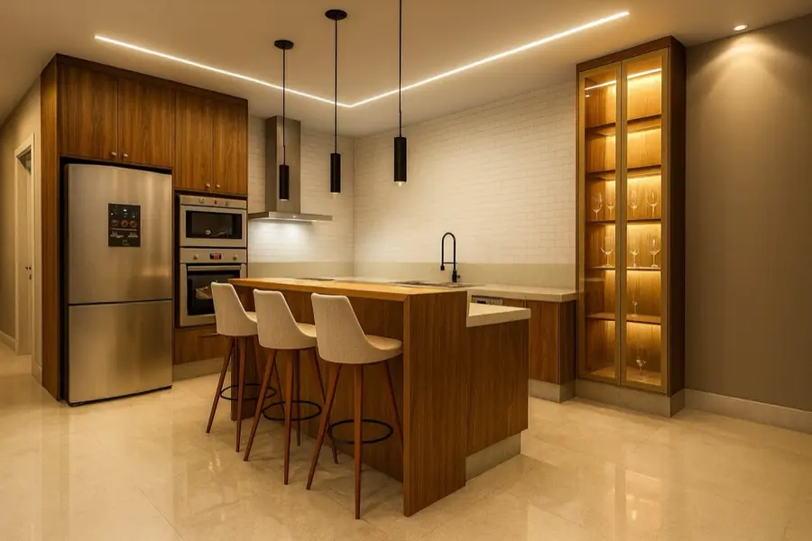Ilha de cozinha em madeira escura, banquetas com pés cônicos e revestimento em subway tile branco.