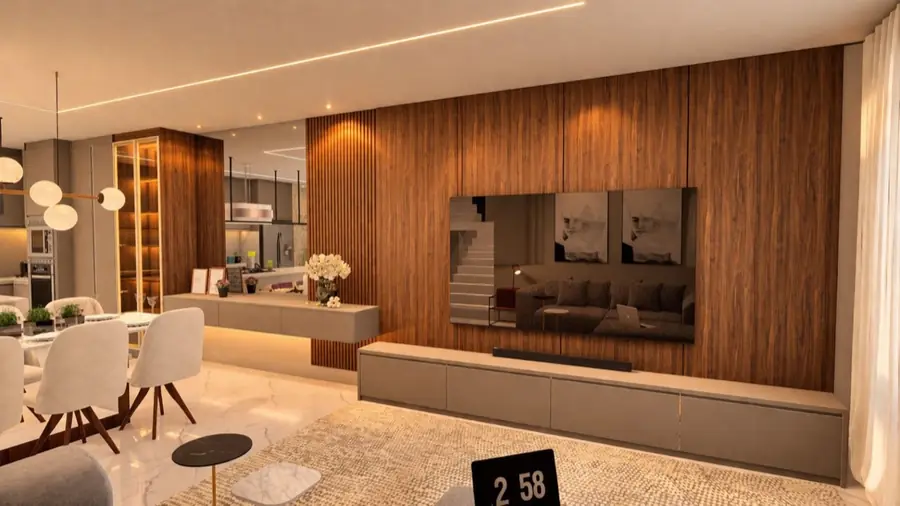 Sala de estar com painel ripado em madeira escura ao redor da TV e rack suspenso.