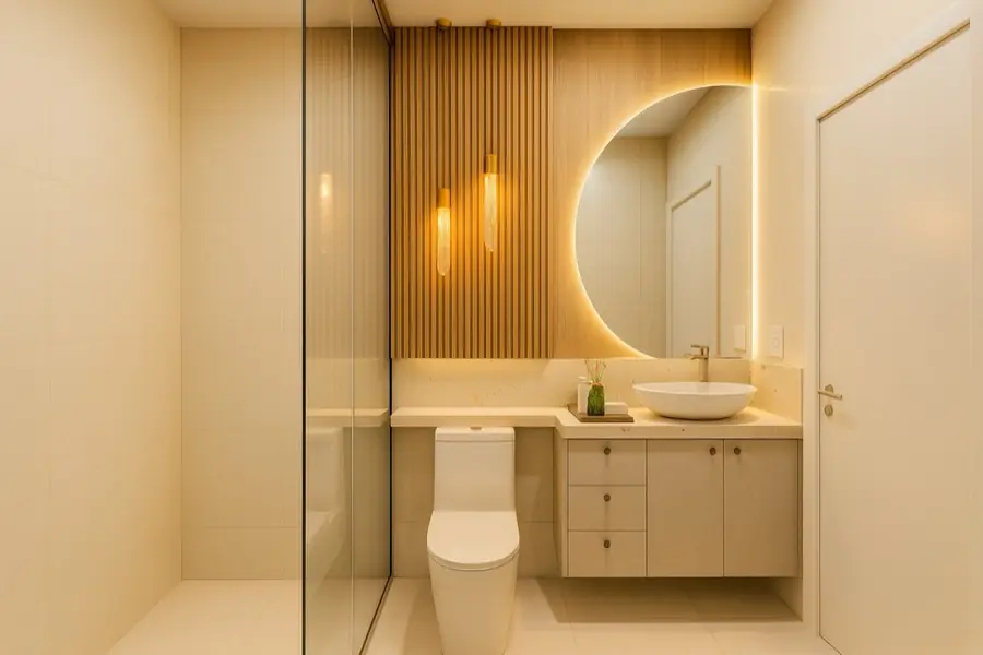Lavabo com espelho redondo iluminado, ripado de madeira na parede e cuba branca sobre bancada bege.