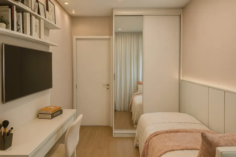 Dormitório estreito com guarda-roupa de porta espelhada, TV de parede e bancada branca com prateleira de livros.