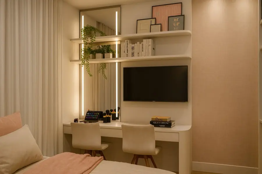 Bancada dupla sob espelho iluminado, com TV embutida acima, prateleiras com quadros e planta pendente.