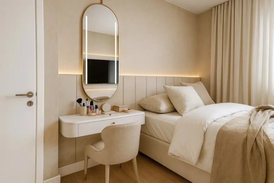 Cama de casal em tons bege com penteadeira e espelho ovalado emoldurado em dourado ao lado.
