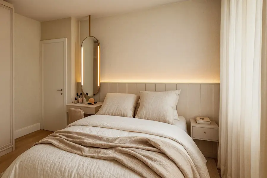 Cama de casal com roupa de cama bege, criado-mudo suspenso e espelho oval sobre penteadeira estreita.
