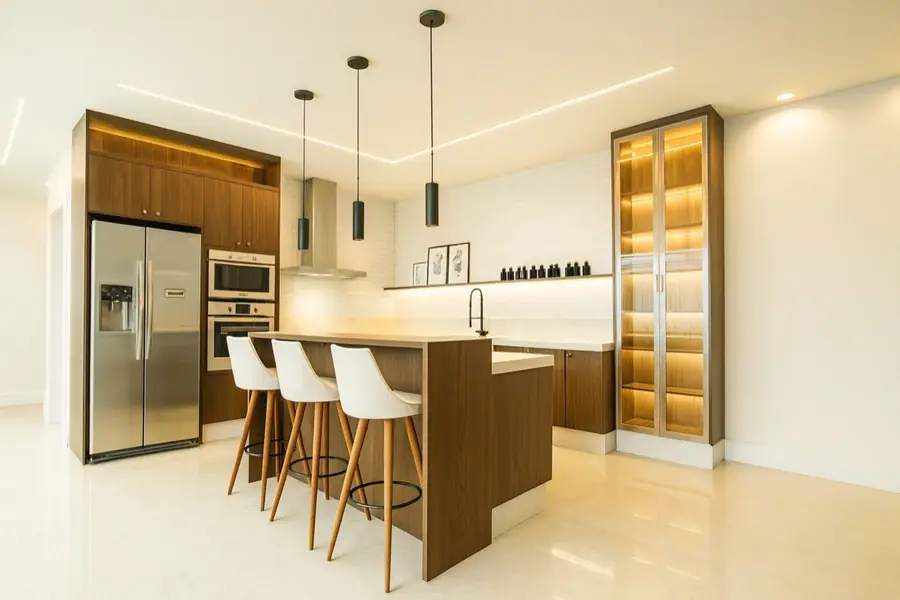 Cozinha planejada em marcenaria escura com geladeira inox, coifa de parede e cristaleira iluminada.