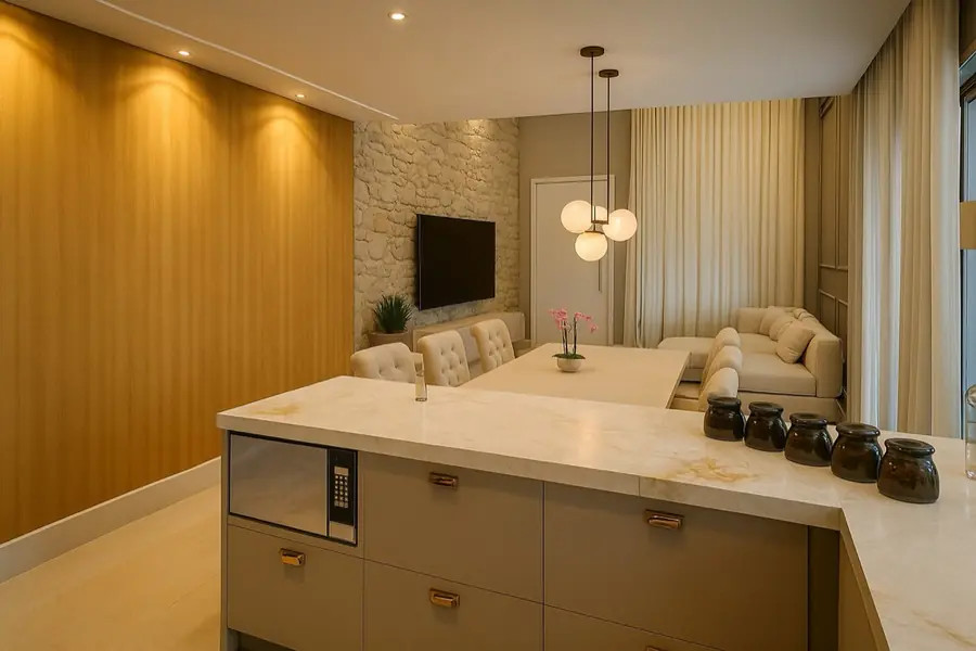 Bancada de cozinha em mármore com micro-ondas embutido, vista aberta para sala de estar e parede de pedra.