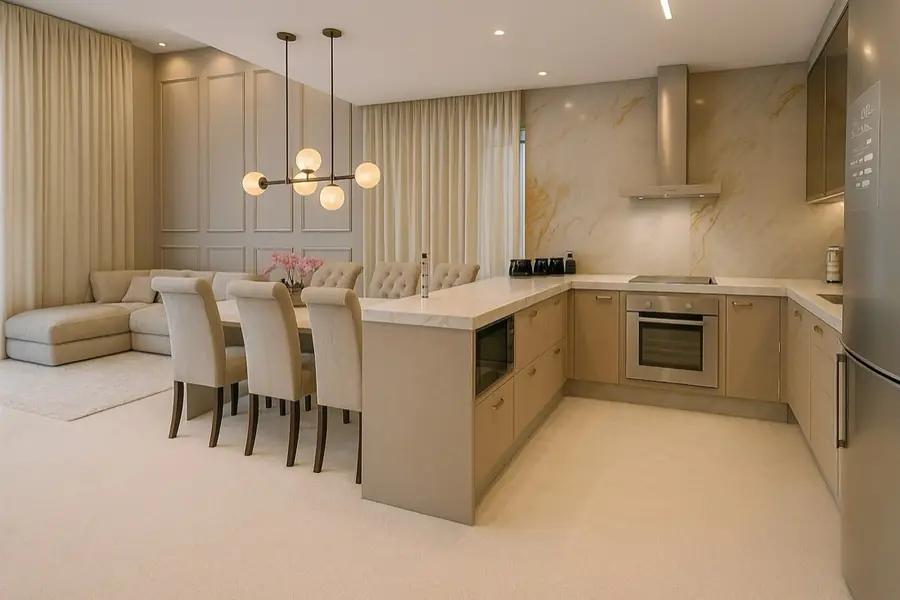 Cozinha em L com bancada e parede em mármore dourado, sala de jantar integrada.