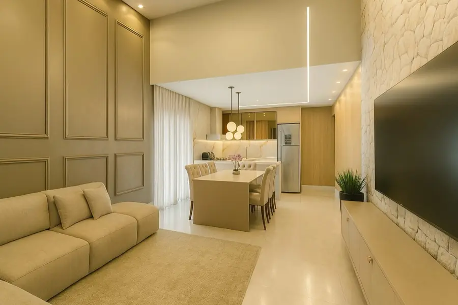 Sala de estar com sofá bege, painel de pedra e TV embutida, cozinha ao fundo.