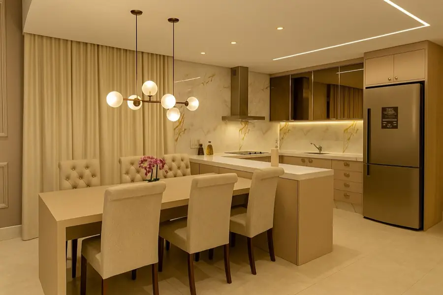 Cozinha em U com armários espelhados, bancada de mármore dourado e mesa de jantar.