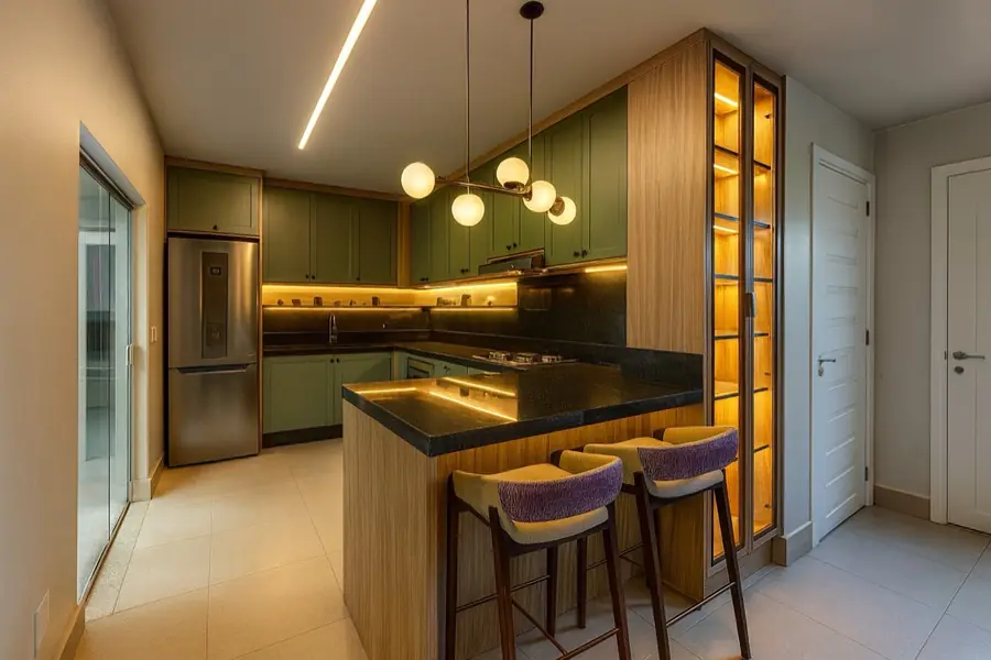 Cozinha em madeira e verde-oliva com cristaleira em vidro iluminada e banquetas de couro roxo.