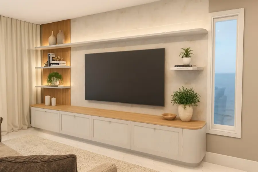 Painel de TV com nichos em madeira, prateleiras decoradas e janela com vista para o mar.