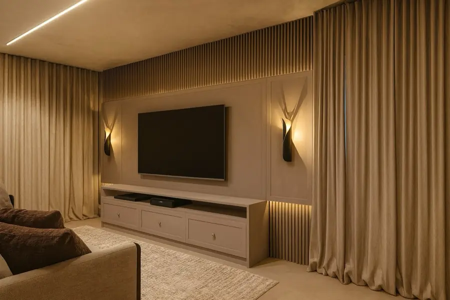 Sala de TV com painel ripado, arandelas em formato de folha e cortinas até o teto.