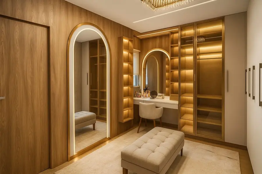 Closet planejado em madeira com espelho em arco, penteadeira iluminada e nichos com fita LED dourada.