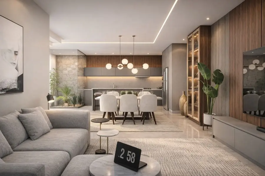 Sala de estar e jantar integradas, com sofá cinza e mesa para seis sob pendentes esféricos.
